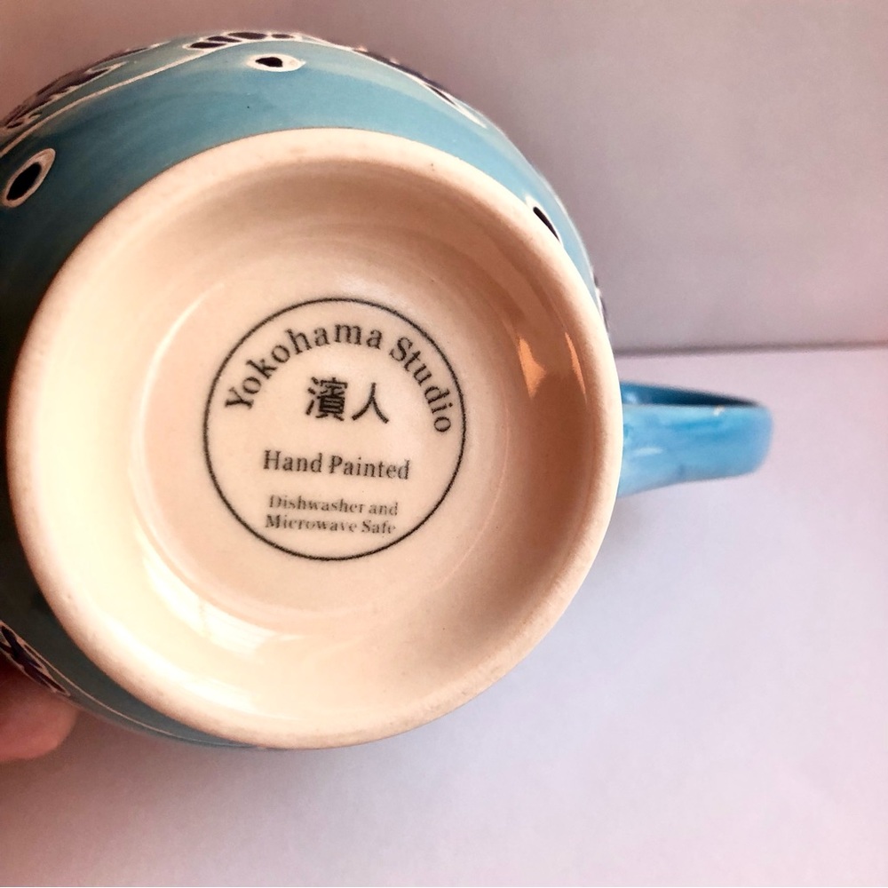 Yokohama Studio Pottery Blue Coffee Mug Tea Cup Hand painted fish sealife coral - Picture 8 of 9